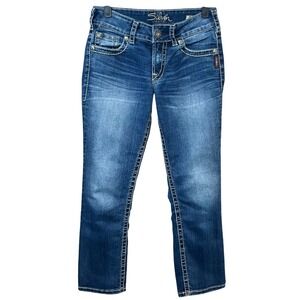 Silver Jeans Co Suki Capri Blue Whiskered Low Rise Denim Jeans Womens Size 25